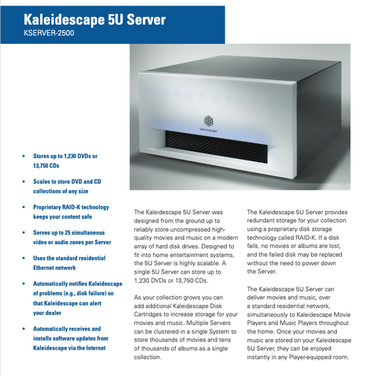 Kaleidescape KSERVER-2500 Kserver 2500 5U Grandfathered System 5TB Plus 5 Empty